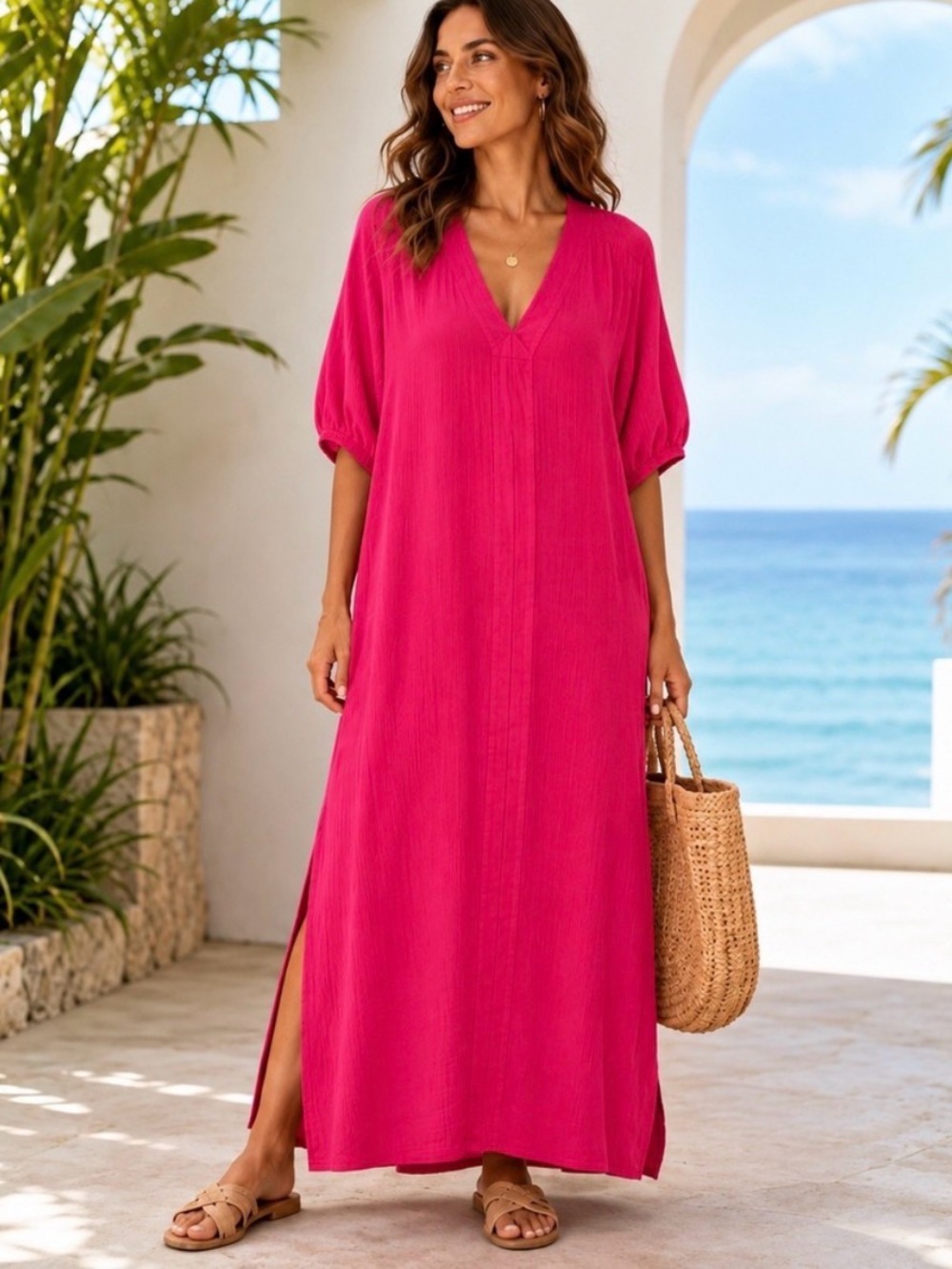 LAKE NWT Fuchsia Pink Cotton Gauze Maxi Caftan Dress L Resort Vacation cruise